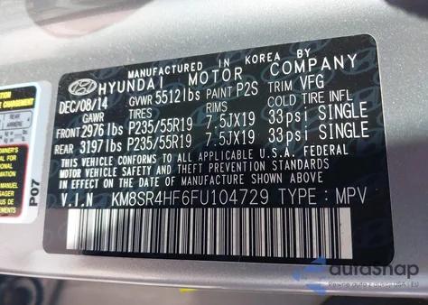 2015 Hyundai Santa Fe Limited from USA, damaged, VIN KM8SR4HF6FU104729